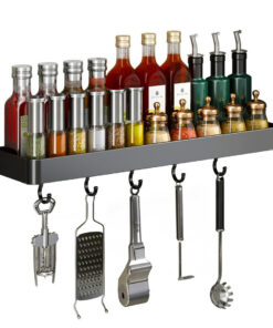 1-SOGA 50cm Black Wall-Mounted Rectangular Kitchen Spice Storage Organiser Space Saving Condiments Shelf Rack with Hooks