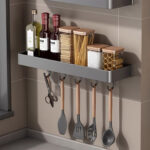 4-SOGA 50cm Black Wall-Mounted Rectangular Kitchen Spice Storage Organiser Space Saving Condiments Shelf Rack with Hooks