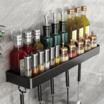 5-SOGA 50cm Black Wall-Mounted Rectangular Kitchen Spice Storage Organiser Space Saving Condiments Shelf Rack with Hooks