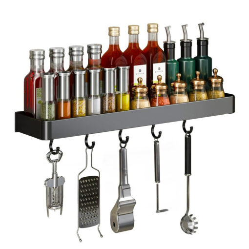 1-SOGA 50cm Black Wall-Mounted Rectangular Kitchen Spice Storage Organiser Space Saving Condiments Shelf Rack with Hooks