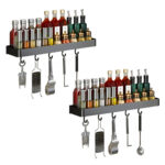 1-SOGA 2X 50cm Black Wall-Mounted Rectangular Kitchen Spice Storage Organiser Space Saving Condiments Shelf Rack with Hooks