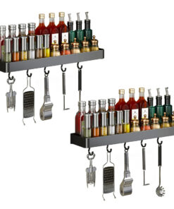 1-SOGA 2X 50cm Black Wall-Mounted Rectangular Kitchen Spice Storage Organiser Space Saving Condiments Shelf Rack with Hooks
