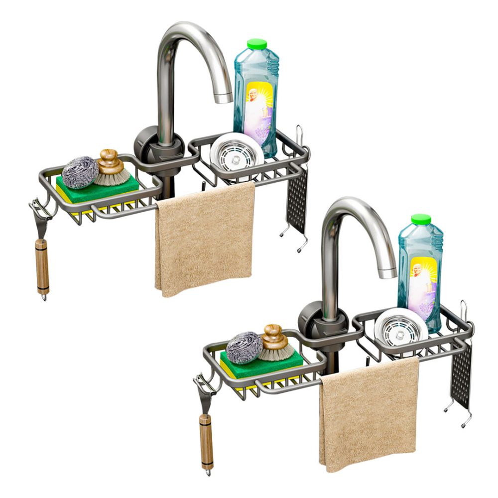 1-SOGA 2XDark Grey Kitchen Sink Organiser Faucet Soap Sponge Caddy Rack Drainer with Towel Bar Holder