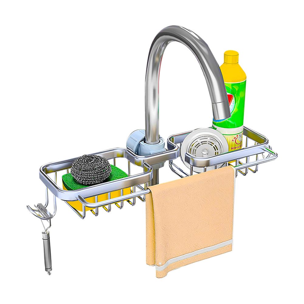 1-SOGA Silver Kitchen Sink Organiser Faucet Soap Sponge Caddy Rack Drainer with Towel Bar Holder