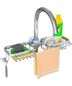 1-SOGA Silver Kitchen Sink Organiser Faucet Soap Sponge Caddy Rack Drainer with Towel Bar Holder