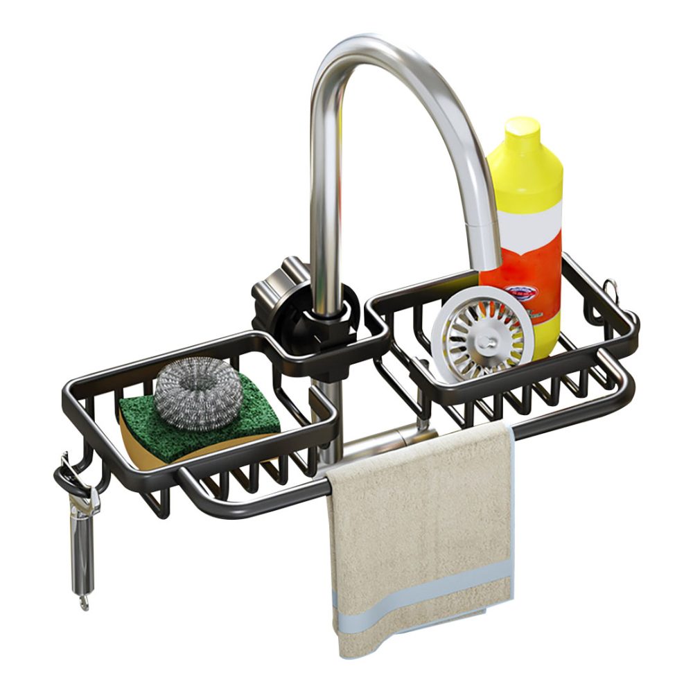 1-SOGA Black Kitchen Sink Organiser Faucet Soap Sponge Caddy Rack Drainer with Towel Bar Holder