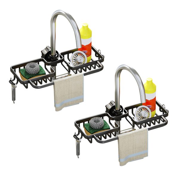 1-SOGA 2X Black Kitchen Sink Organiser Faucet Soap Sponge Caddy Rack Drainer with Towel Bar Holder