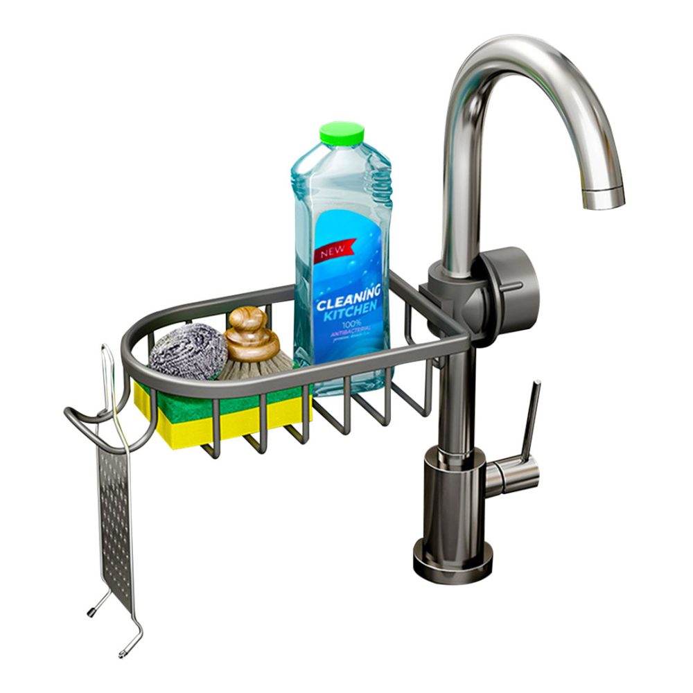 1-SOGA Dark Grey Single Kitchen Sink Organiser Faucet Soap Sponge Caddy Rack Storage Drainer