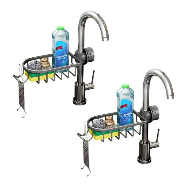 1-SOGA 2X Dark Grey Single Kitchen Sink Organiser Faucet Soap Sponge Caddy Rack Storage Drainer