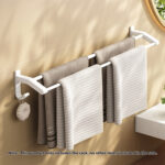 2-SOGA 52cm White Wall-Mounted Double Pole Towel Holder Bathroom Organiser Rail Hanger with Hooks