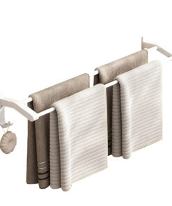 1-SOGA 52cm White Wall-Mounted Double Pole Towel Holder Bathroom Organiser Rail Hanger with Hooks