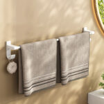 4-SOGA 52cm White Wall-Mounted Double Pole Towel Holder Bathroom Organiser Rail Hanger with Hooks