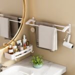 5-SOGA 52cm White Wall-Mounted Double Pole Towel Holder Bathroom Organiser Rail Hanger with Hooks