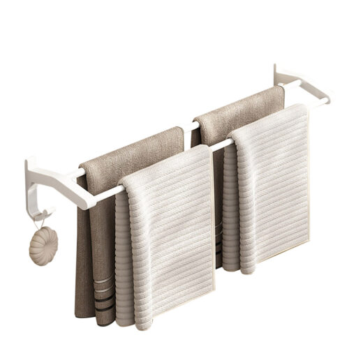 1-SOGA 52cm White Wall-Mounted Double Pole Towel Holder Bathroom Organiser Rail Hanger with Hooks