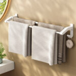 7-SOGA 52cm White Wall-Mounted Double Pole Towel Holder Bathroom Organiser Rail Hanger with Hooks