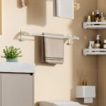 8-SOGA 52cm White Wall-Mounted Double Pole Towel Holder Bathroom Organiser Rail Hanger with Hooks