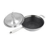 1-SOGA 18/10 Stainless Steel Fry Pan 34cm Frying Pan Top Grade Textured Non Stick Interior Skillet with Helper Handle and Lid