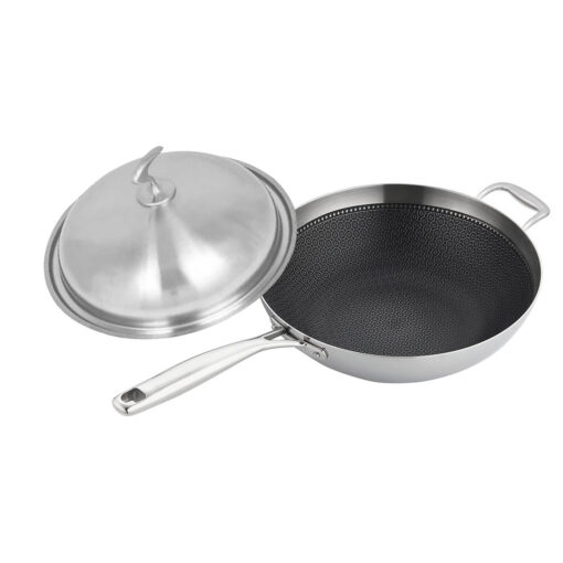 1-SOGA 18/10 Stainless Steel Fry Pan 34cm Frying Pan Top Grade Textured Non Stick Interior Skillet with Helper Handle and Lid