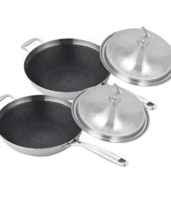 1-SOGA 2X 18/10 Stainless Steel Fry Pan 34cm Frying Pan Top Grade Textured Non Stick Interior Skillet with Helper Handle and Lid