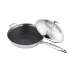1-SOGA 18/10 Stainless Steel Fry Pan 32cm Frying Pan Top Grade Non Stick Interior Skillet with Helper Handle and Lid