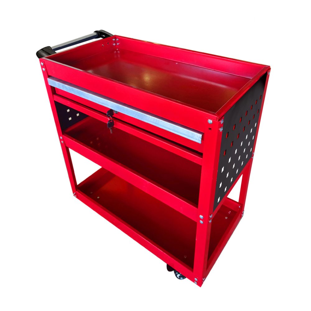 1-SOGA 3 Tier Tool Storage Cart Portable Service Utility Heavy Duty Mobile Trolley with Drawer and Hooks Red