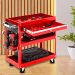 3-SOGA 3 Tier Tool Storage Cart Portable Service Utility Heavy Duty Mobile Trolley with Drawer and Hooks Red