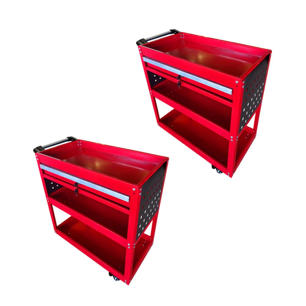 1-SOGA 2X 3 Tier Tool Storage Cart Portable Service Utility Heavy Duty Mobile Trolley with Drawer and Hooks Red
