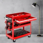 5-SOGA 2X 3 Tier Tool Storage Cart Portable Service Utility Heavy Duty Mobile Trolley with Drawer and Hooks Red
