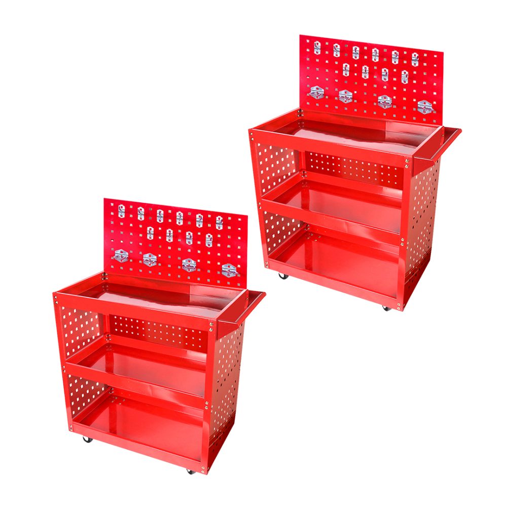 1-SOGA 2X 3 Tier Tool Storage Cart Portable Service Utility Heavy Duty Mobile Trolley with Porous Side Panels