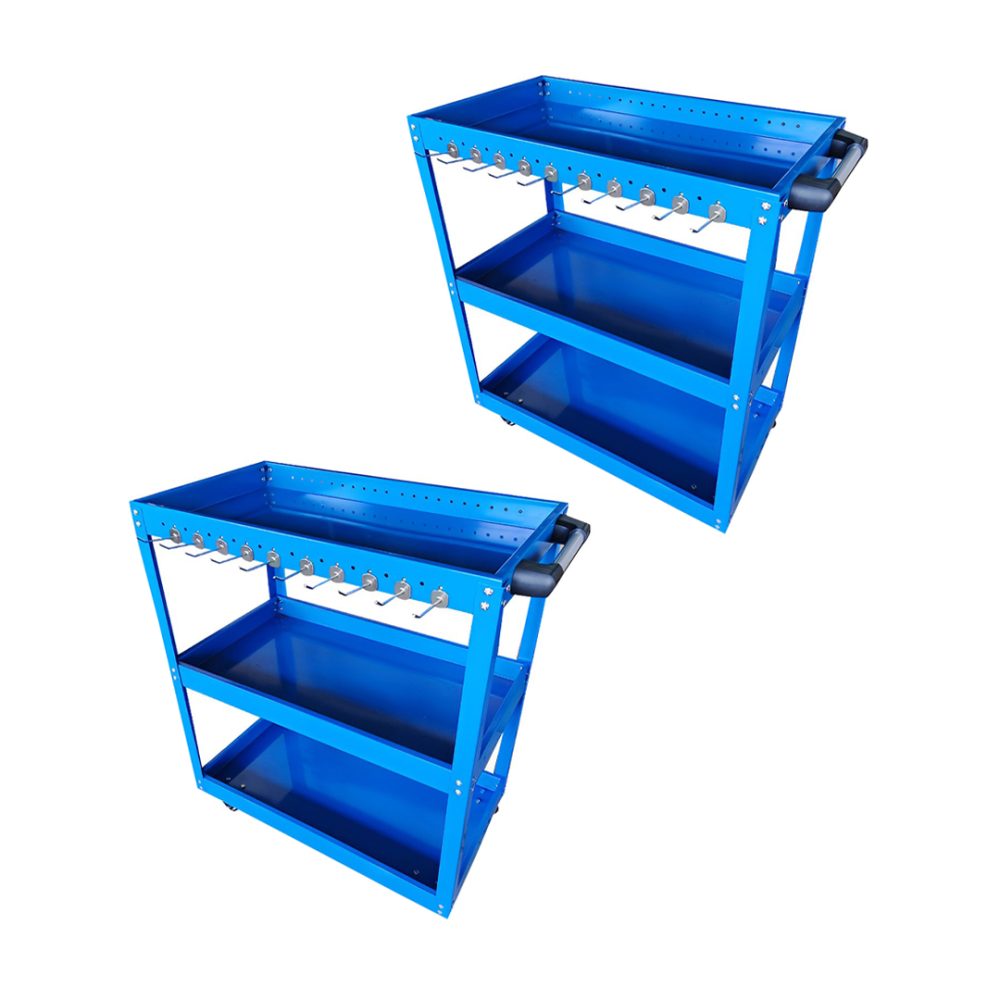1-SOGA 2X 3 Tier Tool Storage Cart Portable Service Utility Heavy Duty Mobile Trolley with Hooks Blue