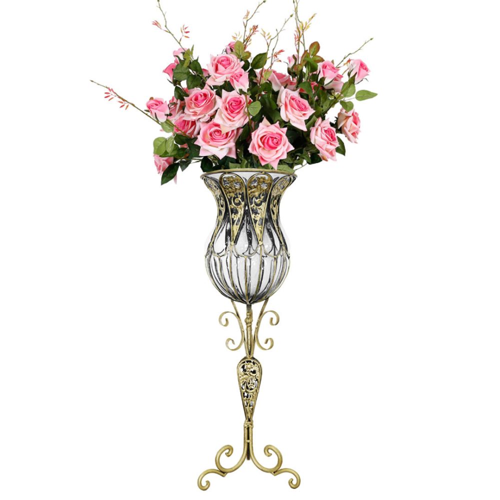 1-SOGA 85cm Clear Glass Tall Floor Vase with 12pcs Pink Artificial Fake Flower Set