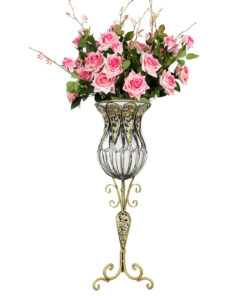 1-SOGA 85cm Clear Glass Tall Floor Vase with 12pcs Pink Artificial Fake Flower Set