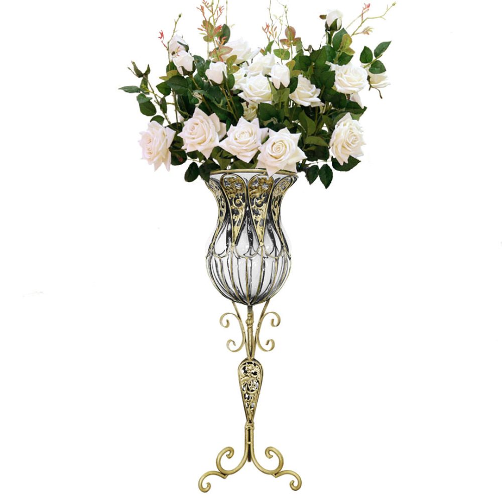 1-SOGA 85cm Clear Glass Tall Floor Vase with 12pcs White Artificial Fake Flower Set