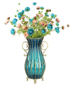 1-SOGA 51cm Blue Glass Tall Floor Vase with 12pcs Artificial Fake Flower Set