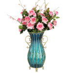 1-SOGA 51cm Blue Glass Tall Floor Vase with 12pcs Pink Artificial Fake Flower Set