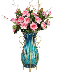 1-SOGA 51cm Blue Glass Tall Floor Vase with 12pcs Pink Artificial Fake Flower Set