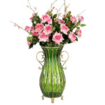 1-SOGA 51cm Green Glass Tall Floor Vase with 12pcs Pink Artificial Fake Flower Set