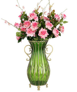 1-SOGA 51cm Green Glass Tall Floor Vase with 12pcs Pink Artificial Fake Flower Set