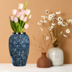 3-SOGA 30x19cm Blue with White Mini Floral Medium Ceramic Flower Vase Elegant Living Room Home Decor