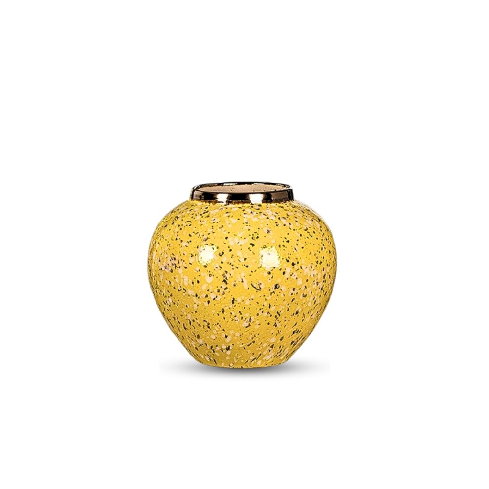 1-SOGA 21x22cm Yellow with White Mini Floral Small Ceramic Flower Vase Elegant Living Room Home Decor