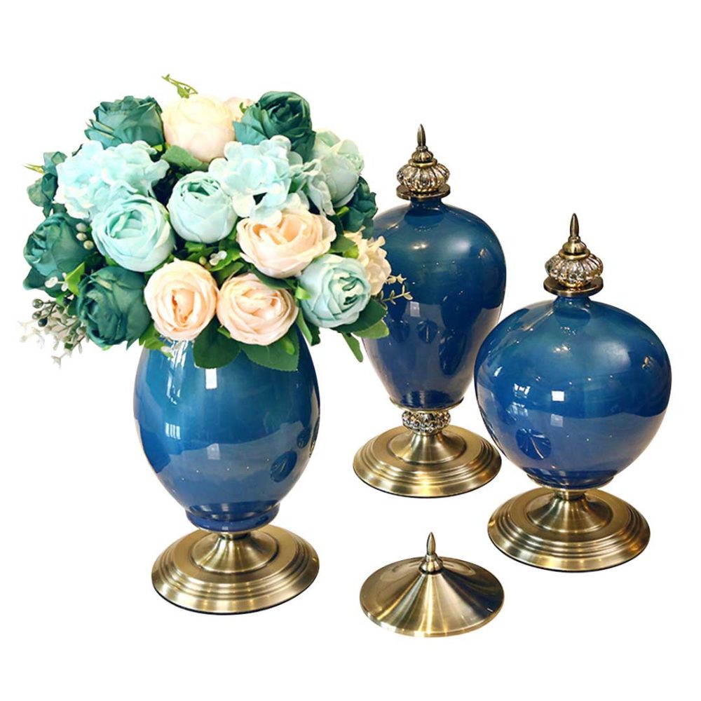 1-SOGA 3X Ceramic Oval Flower Vase with Blue Flower Set Dark Blue