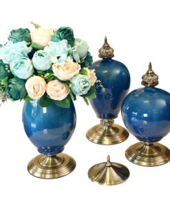 1-SOGA 3X Ceramic Oval Flower Vase with Blue Flower Set Dark Blue