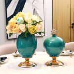 5-SOGA 3X Ceramic Oval Flower Vase with Blue Flower Set Dark Blue
