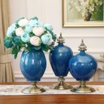 7-SOGA 3X Ceramic Oval Flower Vase with Blue Flower Set Dark Blue