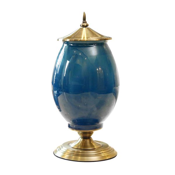 1-SOGA 40.5cm Ceramic Oval Flower Vase with Gold Metal Base Dark Blue