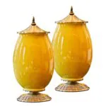 1-SOGA 2X 40cm Ceramic Oval Flower Vase with Gold Metal Base Yellow