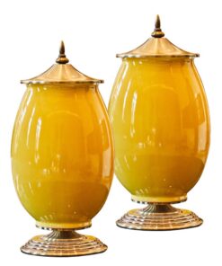 1-SOGA 2X 40cm Ceramic Oval Flower Vase with Gold Metal Base Yellow