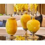 4-SOGA 2X 40cm Ceramic Oval Flower Vase with Gold Metal Base Yellow