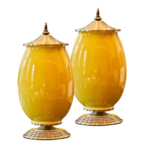 1-SOGA 2X 40cm Ceramic Oval Flower Vase with Gold Metal Base Yellow