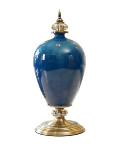1-SOGA 42.50cm Ceramic Oval Flower Vase with Gold Metal Base Dark Blue
